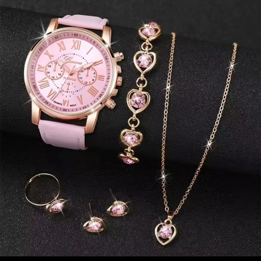 Women's Watch Earrings Necklace Bracelet Set Rhinestone Hearts Pink New‎ f76